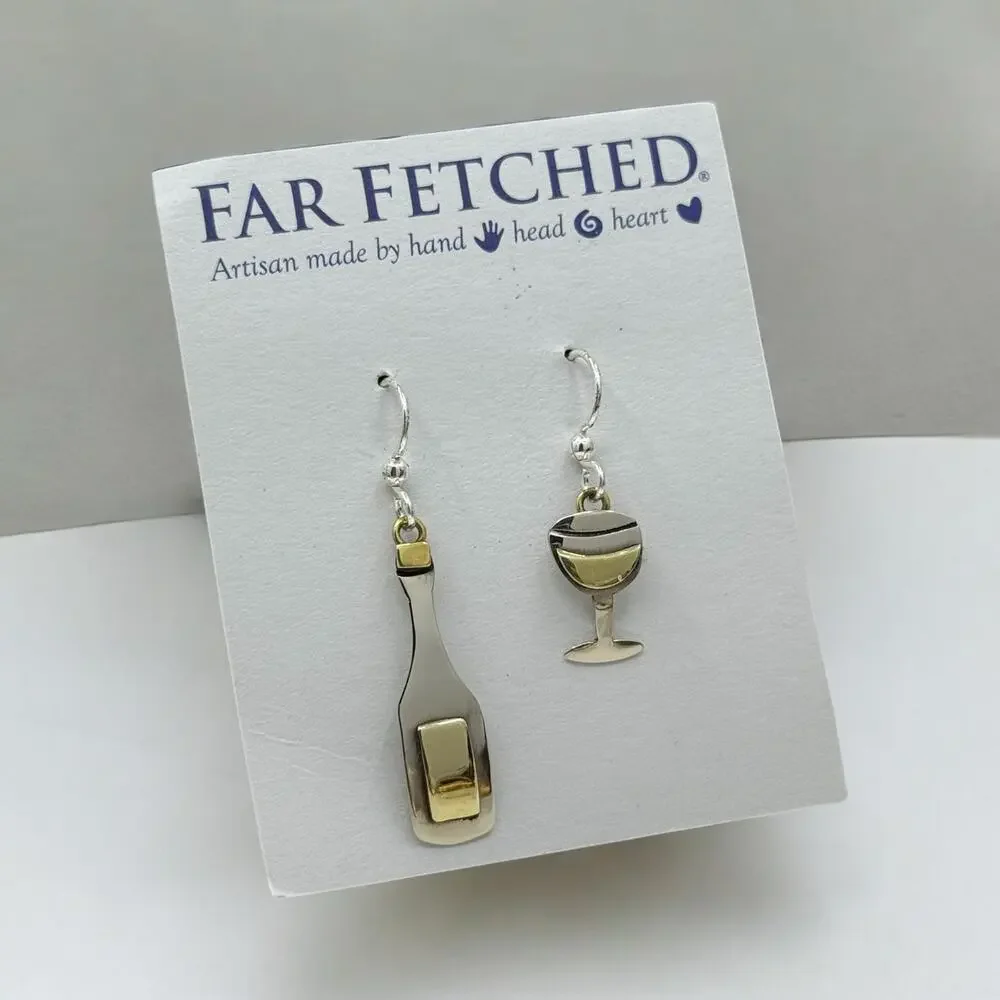 Far Fetched Wine Glass Bottle Dangle Earrings Mismatched Design Artisan Silver - Picture 2 of 5